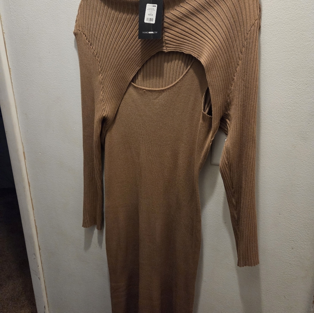 Fashion Nova Tan Ribbed Sweater Dress